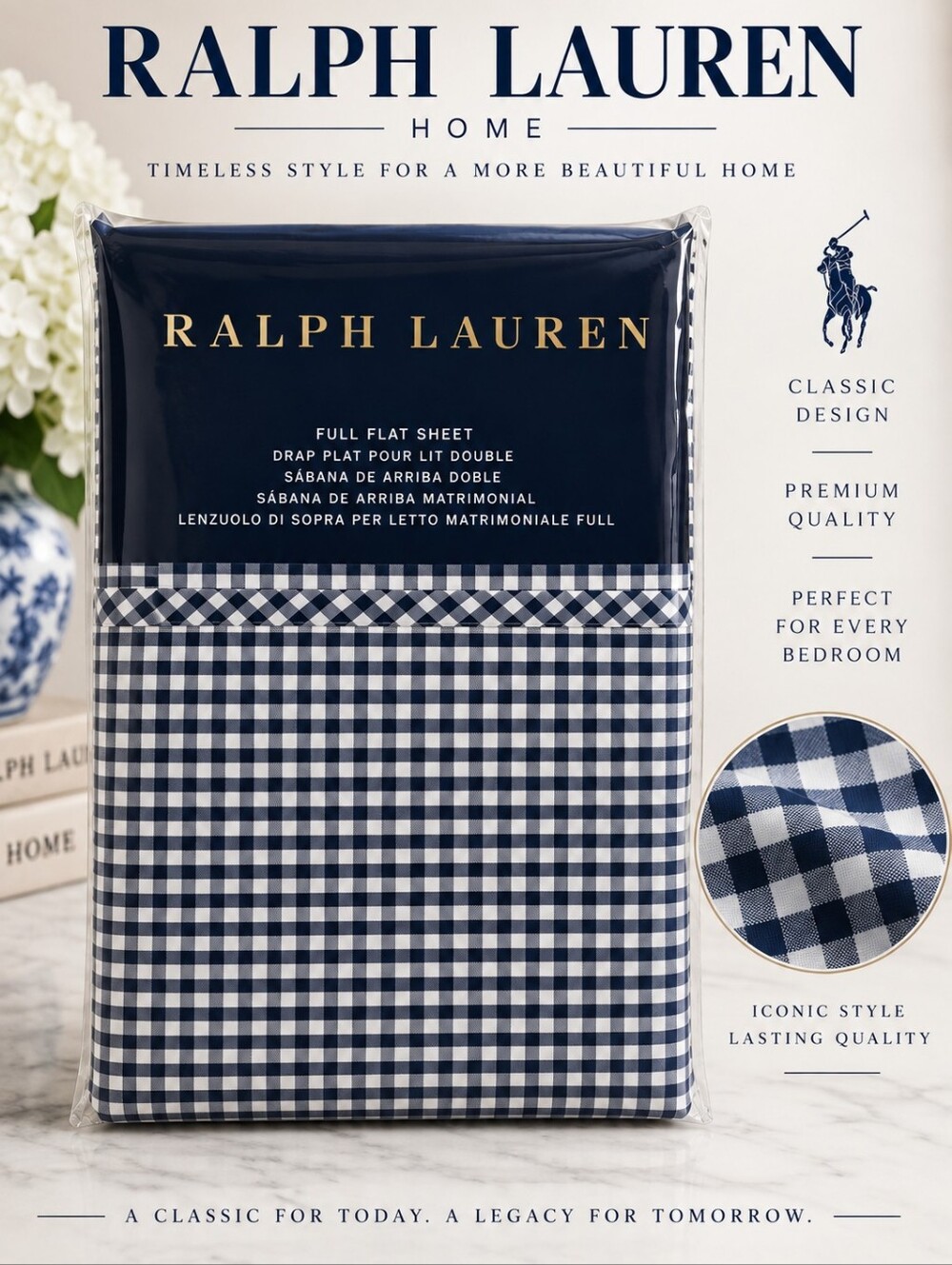 Ralph Lauren Full Flat Sheet Navy White Gingham Polo New With Tags